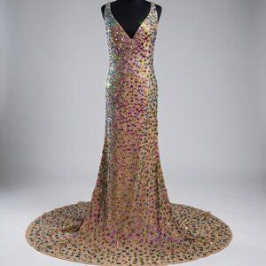 Luxury Couture Multi Color Gold Prom Party Evening Cocktail Crystals Dress Gown